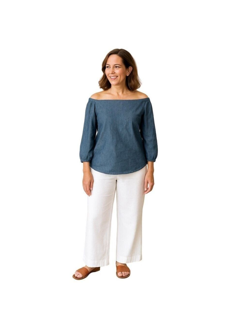 Chico's Linen Blend Off Shoulder Bardot Chambray Denim Boho Top Size 0/Small